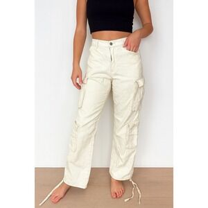 Women's Cream Cargo Pants with Drawstring Hem